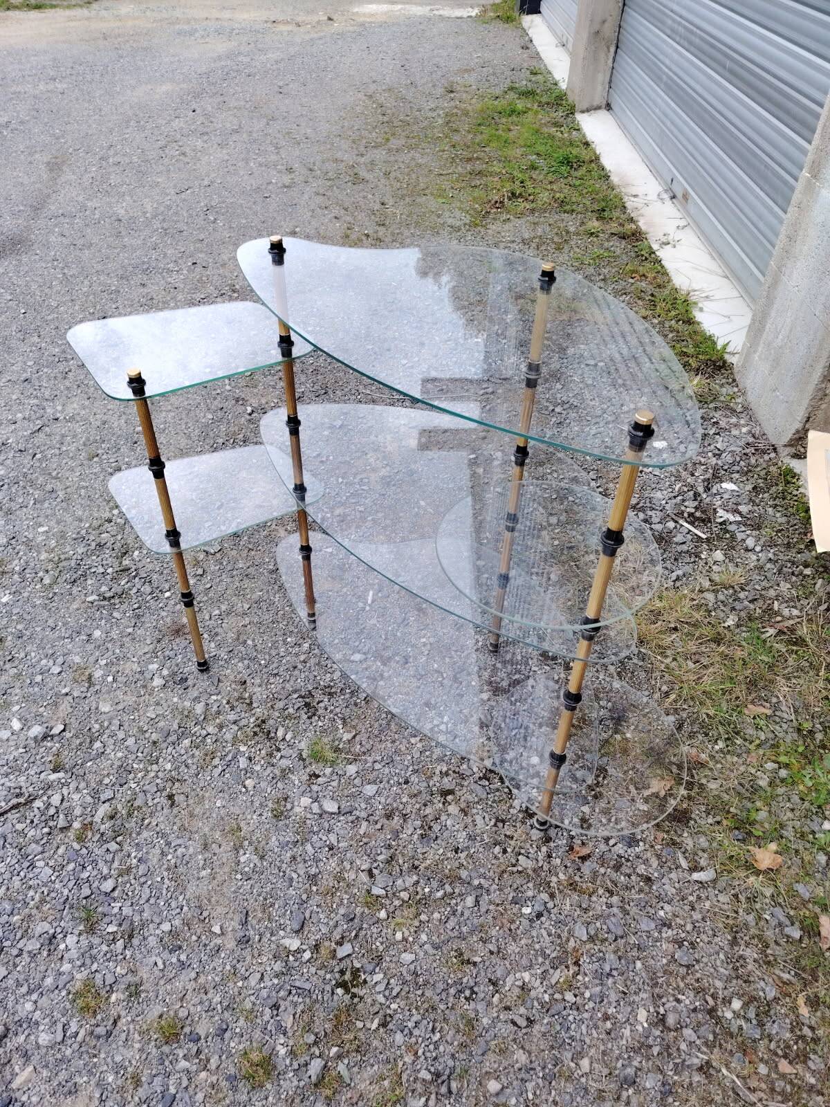 Removable shelving unit, glass and vintage brass
