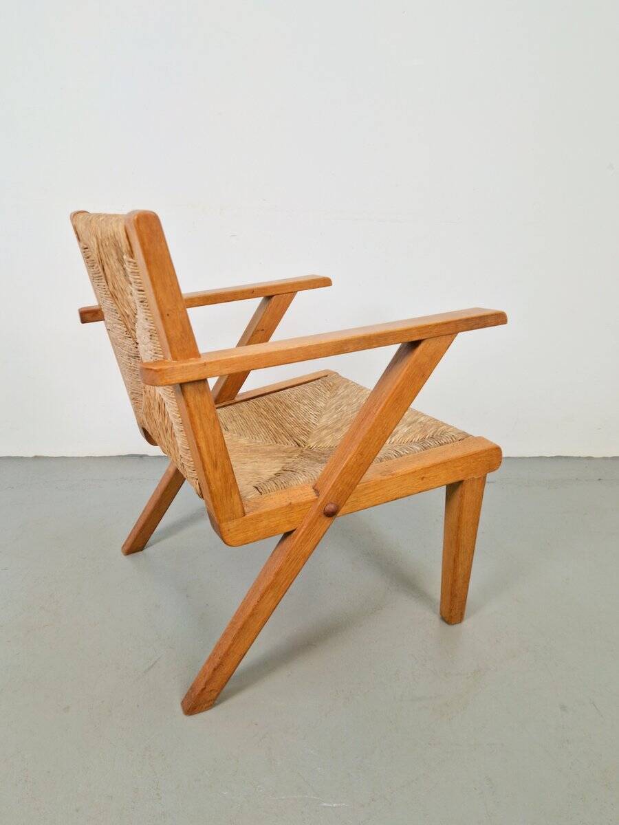 Chaises en bois brutalistes modernistes en paille, années 1940, ensemble de 3