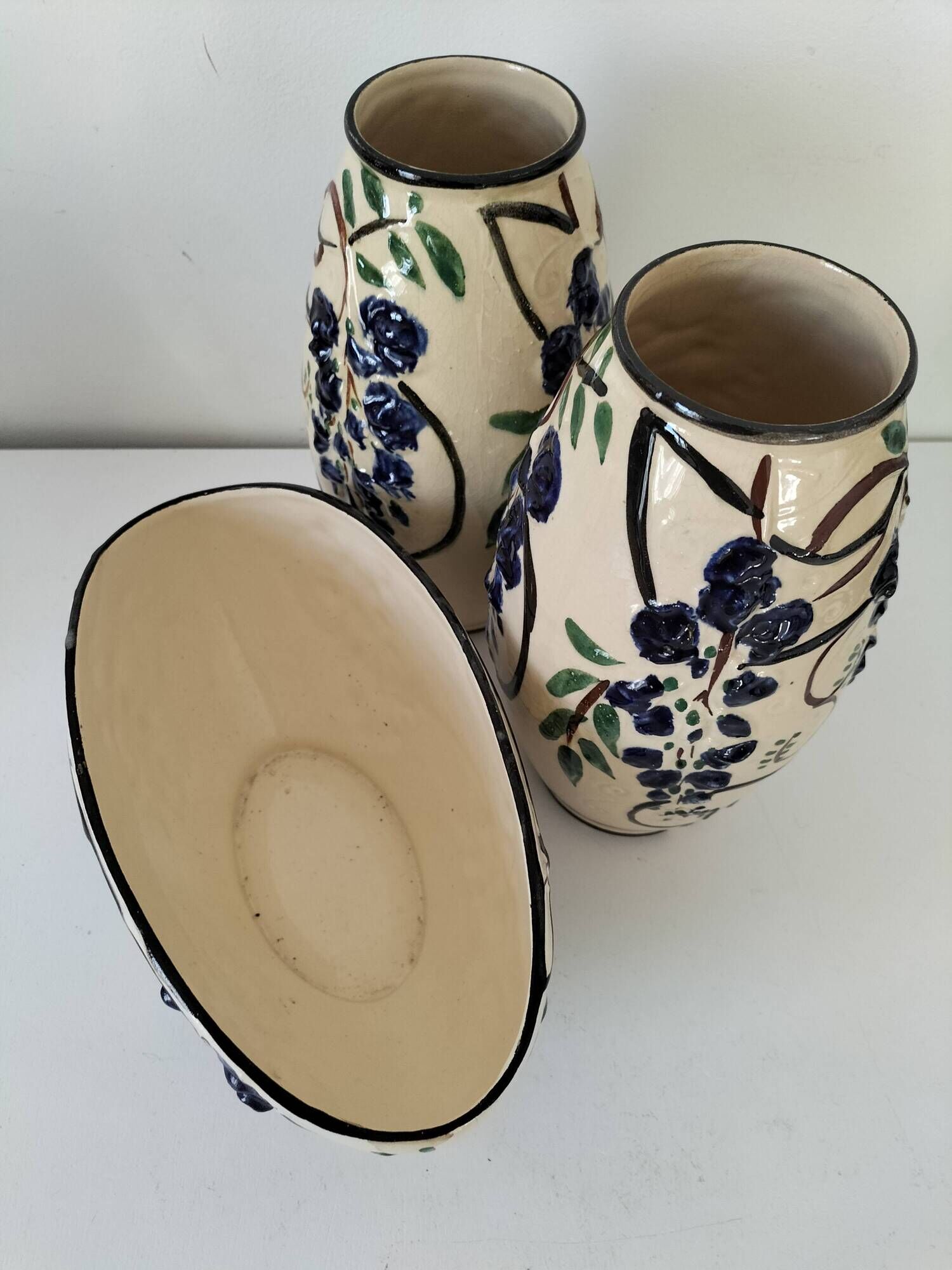 Poët-Laval Trio “Wisteria” – 2 vases no. 721 & boat planter no. 729