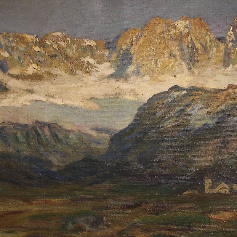 Antique Italian signed mountain landscape painting from 19th century