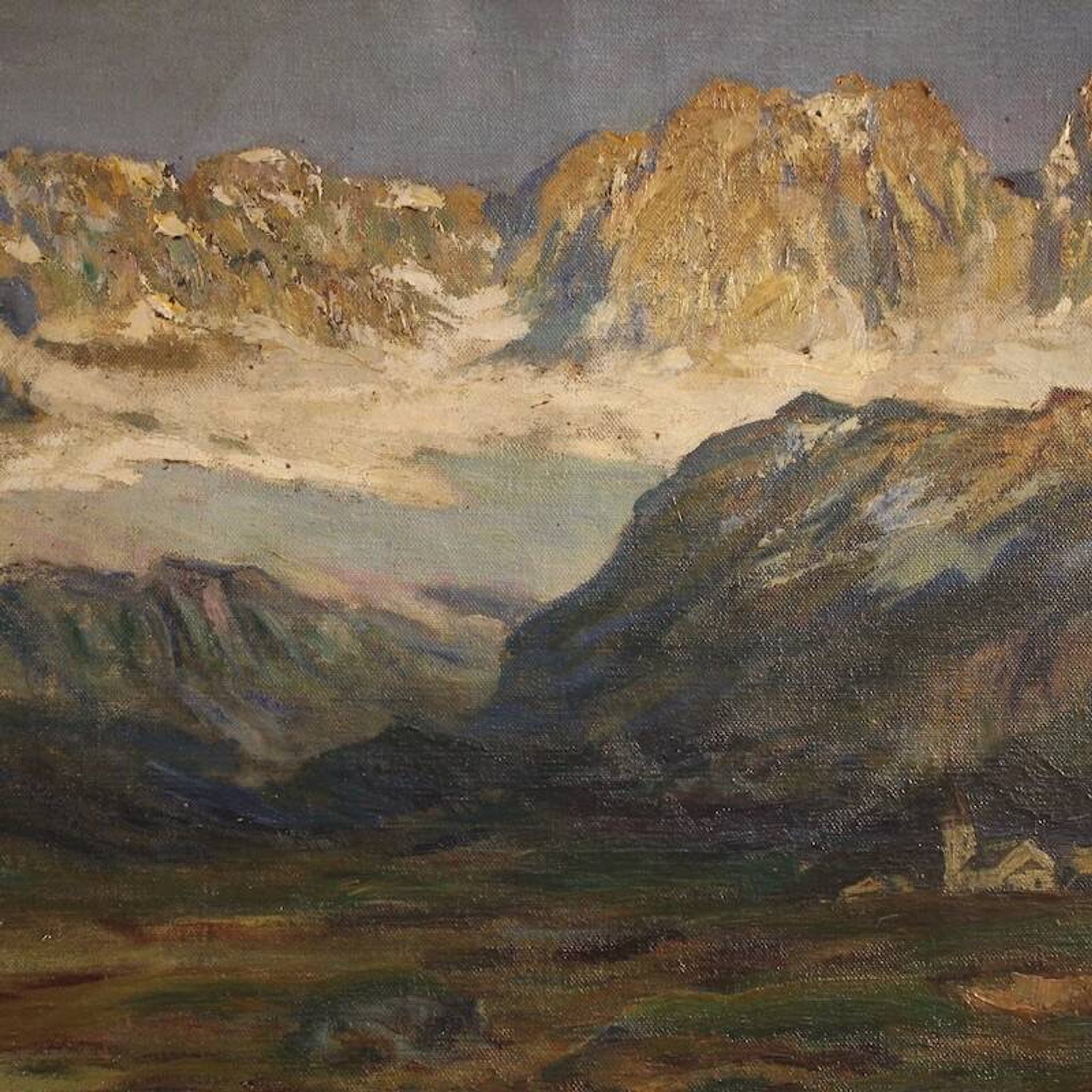 Antique Italian signed mountain landscape painting from 19th century