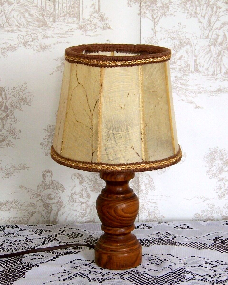 Small French Round Turned Wood Table Lamp With Hand Made Hide Skin Shade 4355