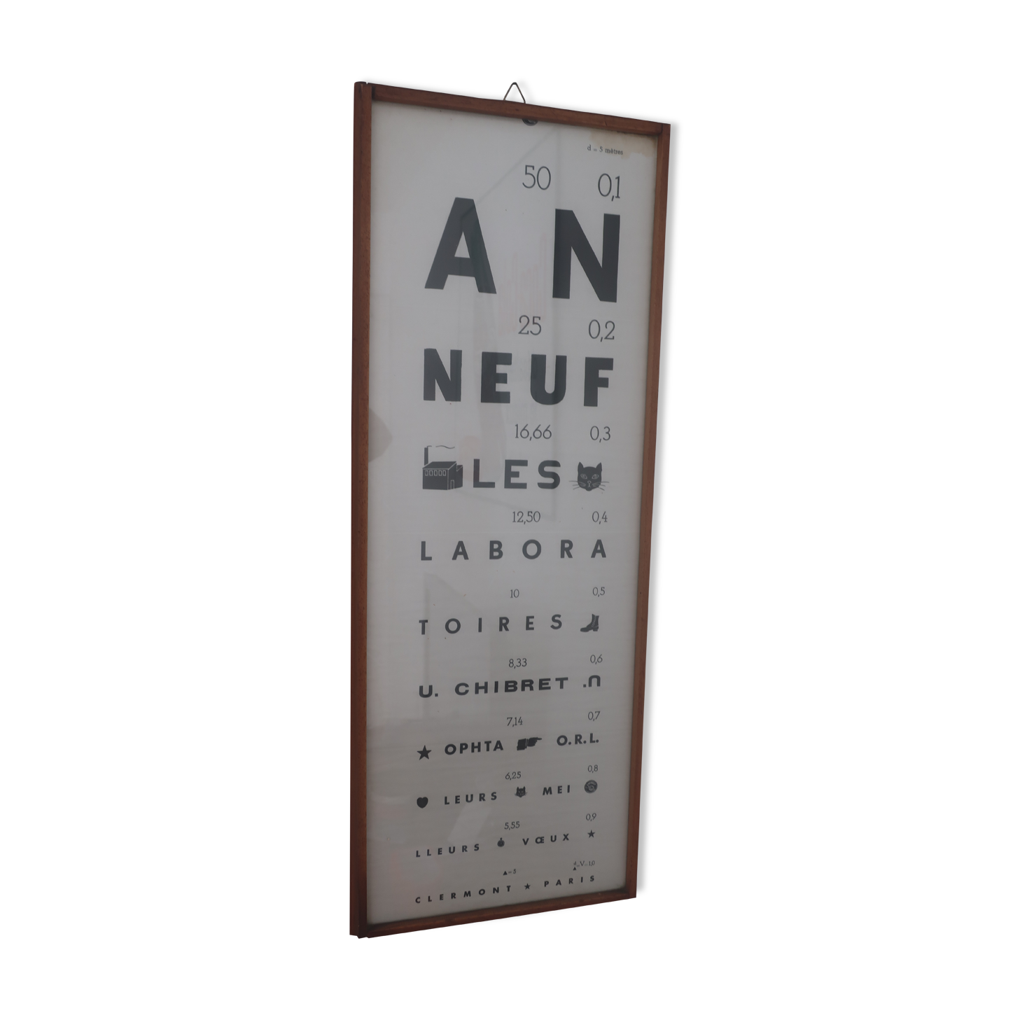 Old optical advertising poster, monoyer scale, framed