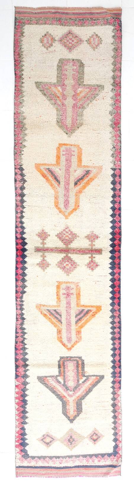 3x13 Salmon Orange & Cream Orientel Wool Runner Rug, 87x384 Cm