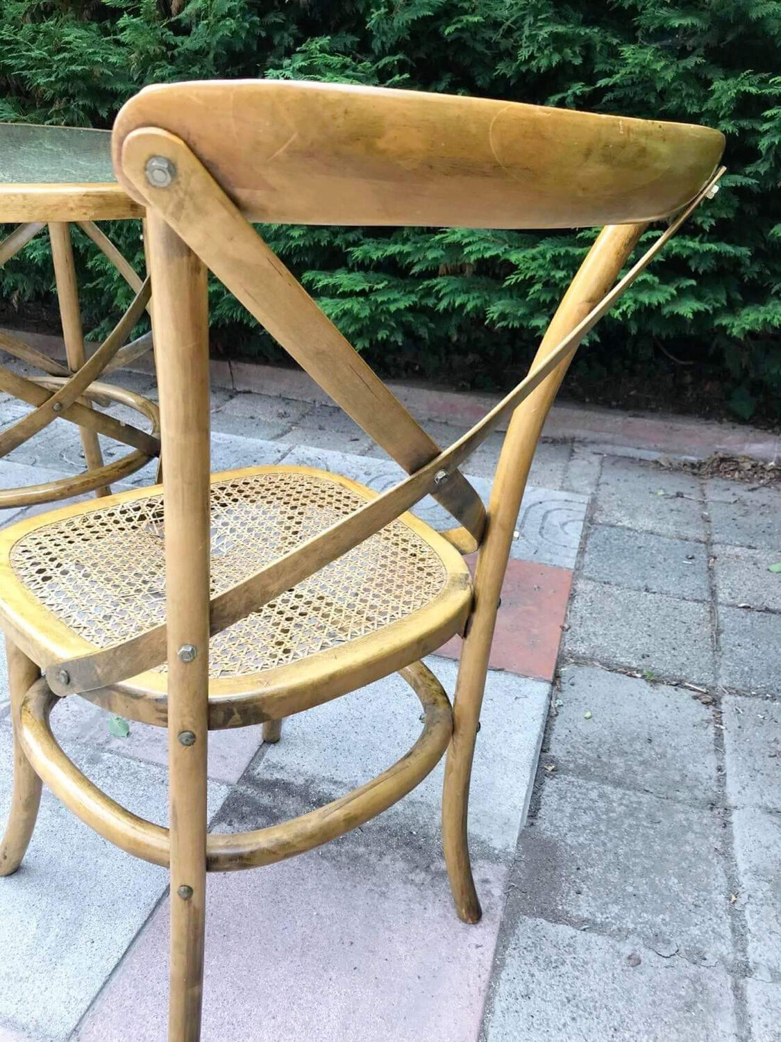 Vintage cane and curved wood table, antique furniture