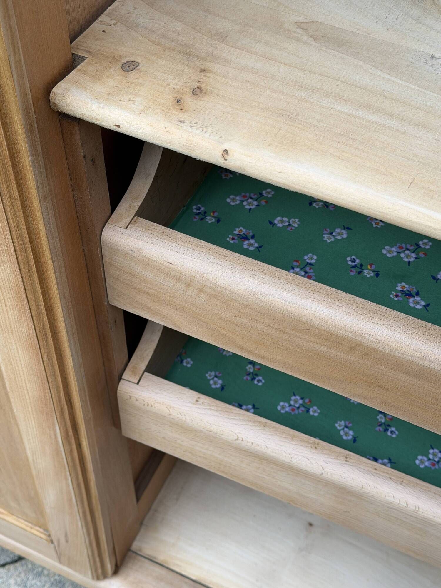 Parisian Art Deco wardrobe, renovated with raw wood.