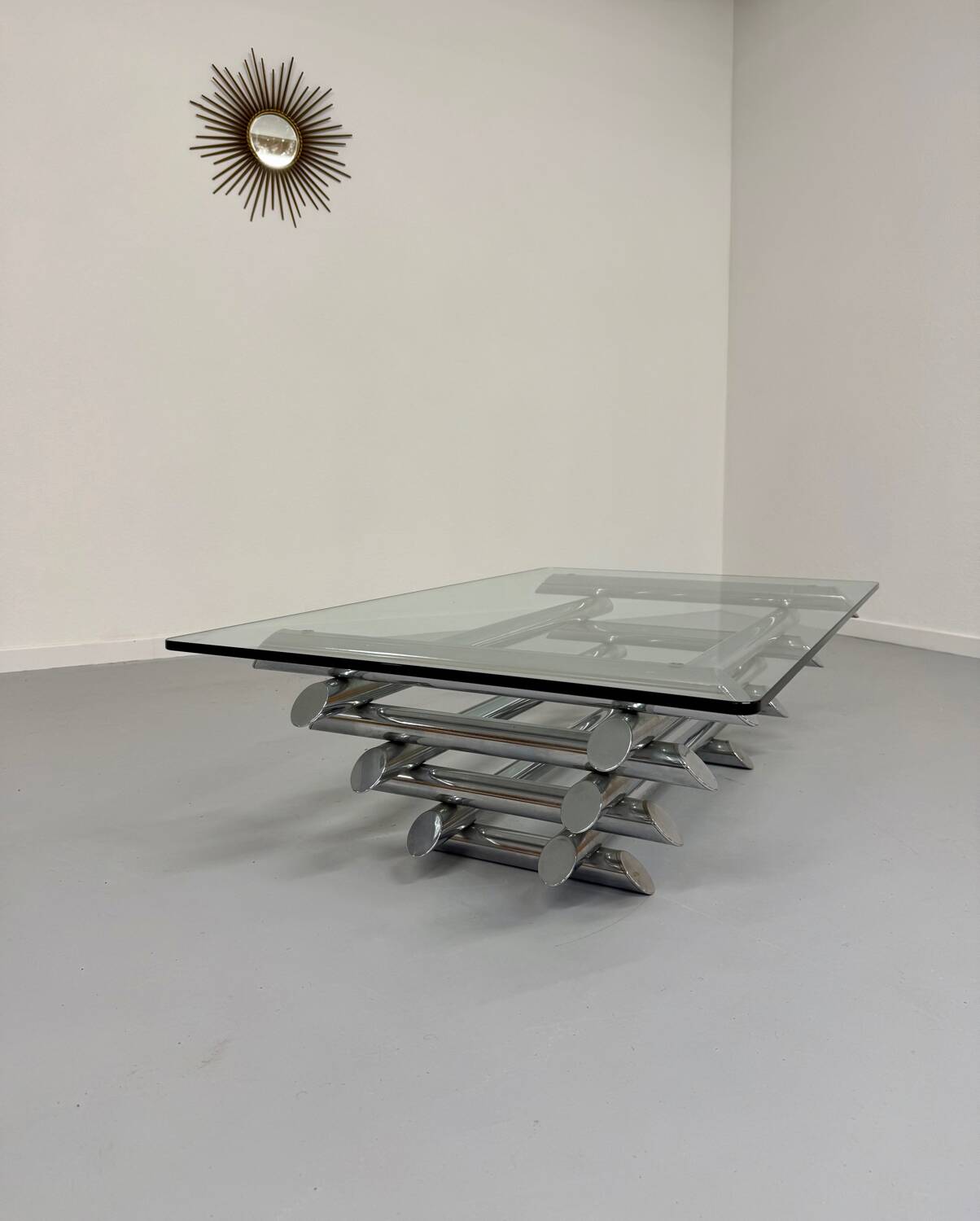 Space coffee table from the 70s, tubular metal and glass, Italian design