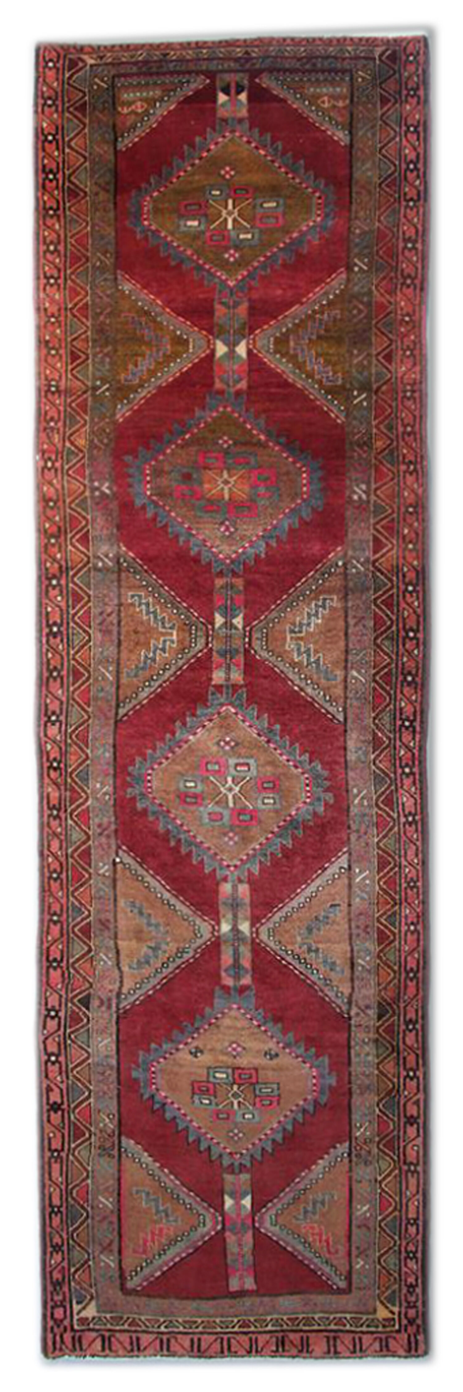 Vintage red persian runner rug long traditional handwoven oriental wool carpet 110x385cm