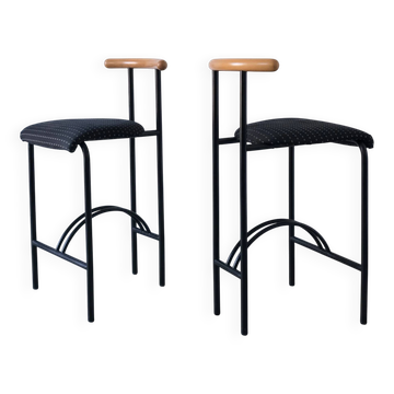 2 tabourets de bar postmodernes en acier tubulaire style Rodney Kinsman, années 1980