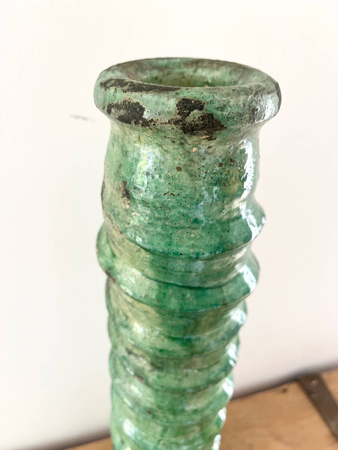 Green enamelled terracotta candle holder 50 cm