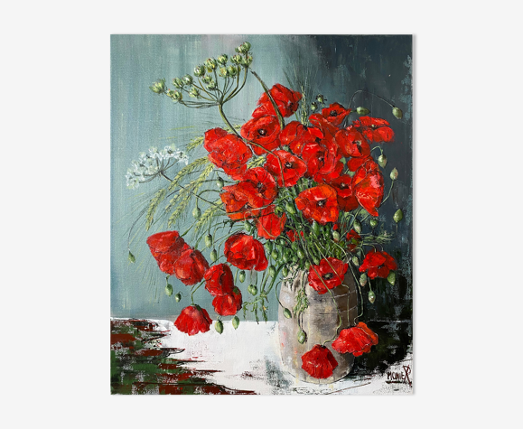 Tableau "Bouquet de Coquelicots" HST fleurs signée Monier