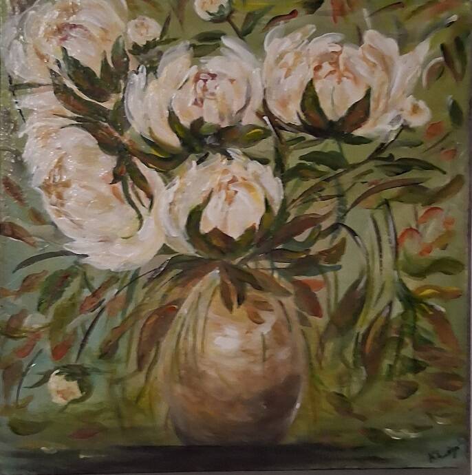 Original signed peony flower bouquet painting with its certificate