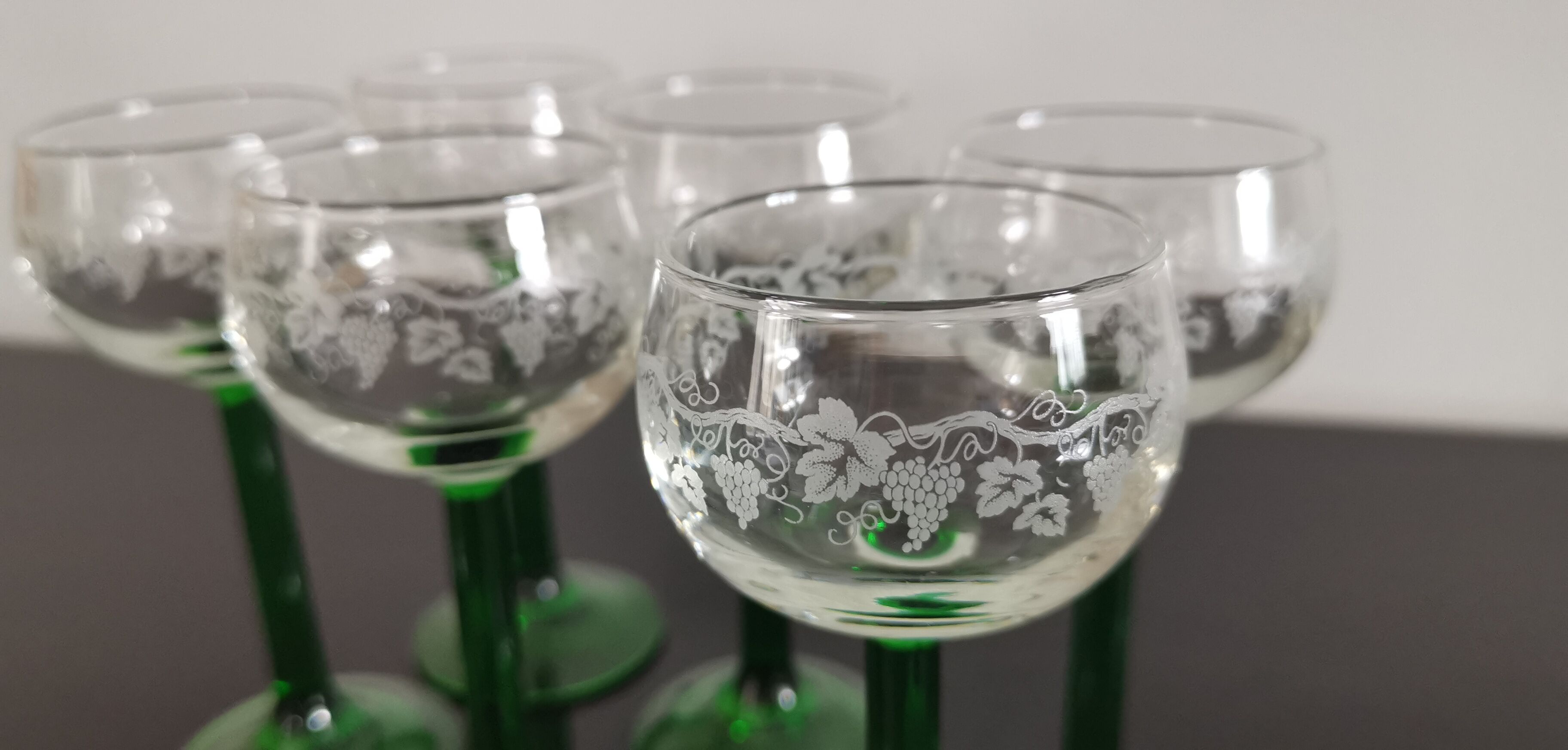 Vintage Alsace wine glasses with green feet decorations Bunches of Grapes and Vines HJ