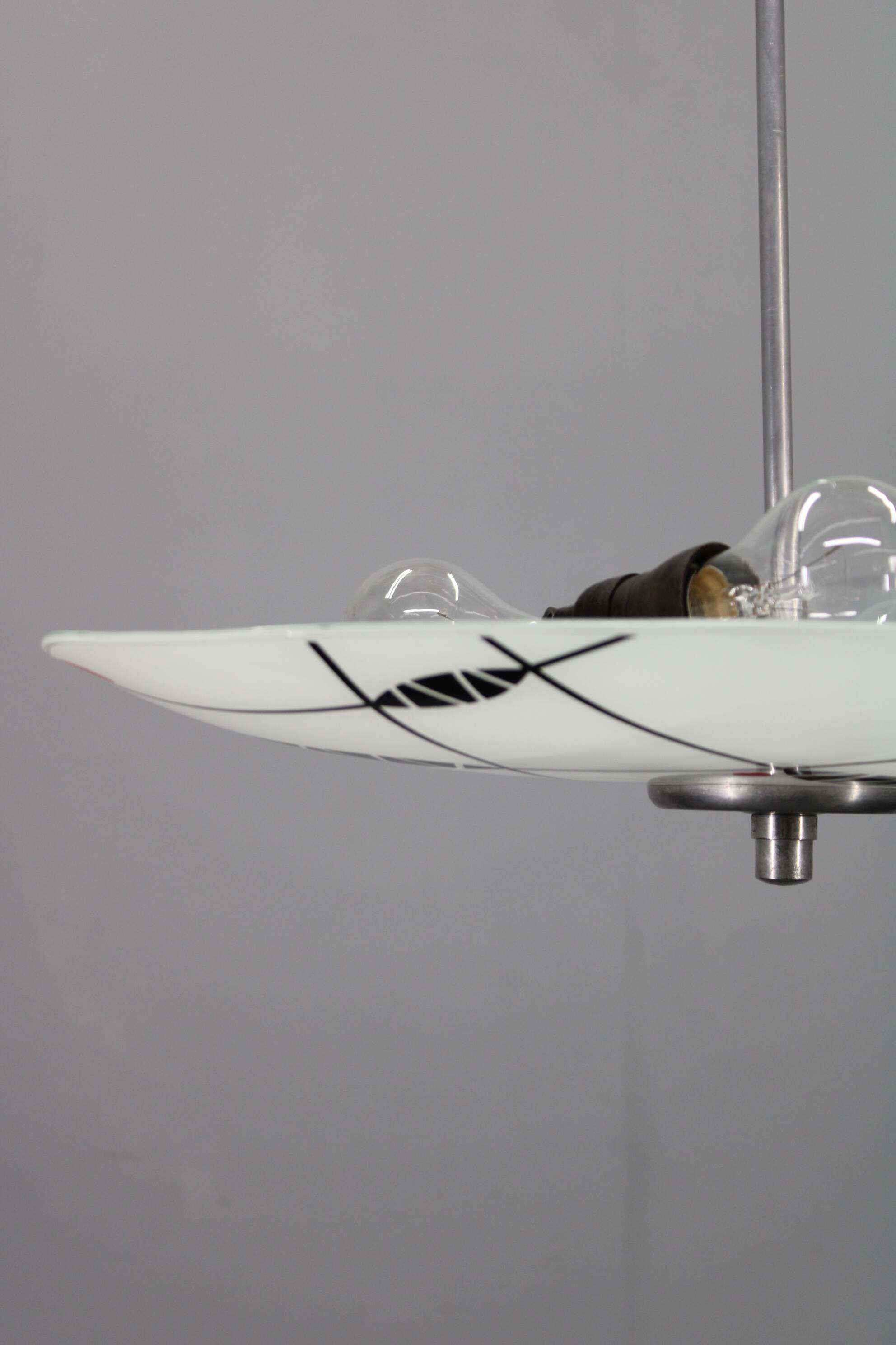 Mid-century pendant chandelier, chromed metal and glass, Czechoslovakia 1970s