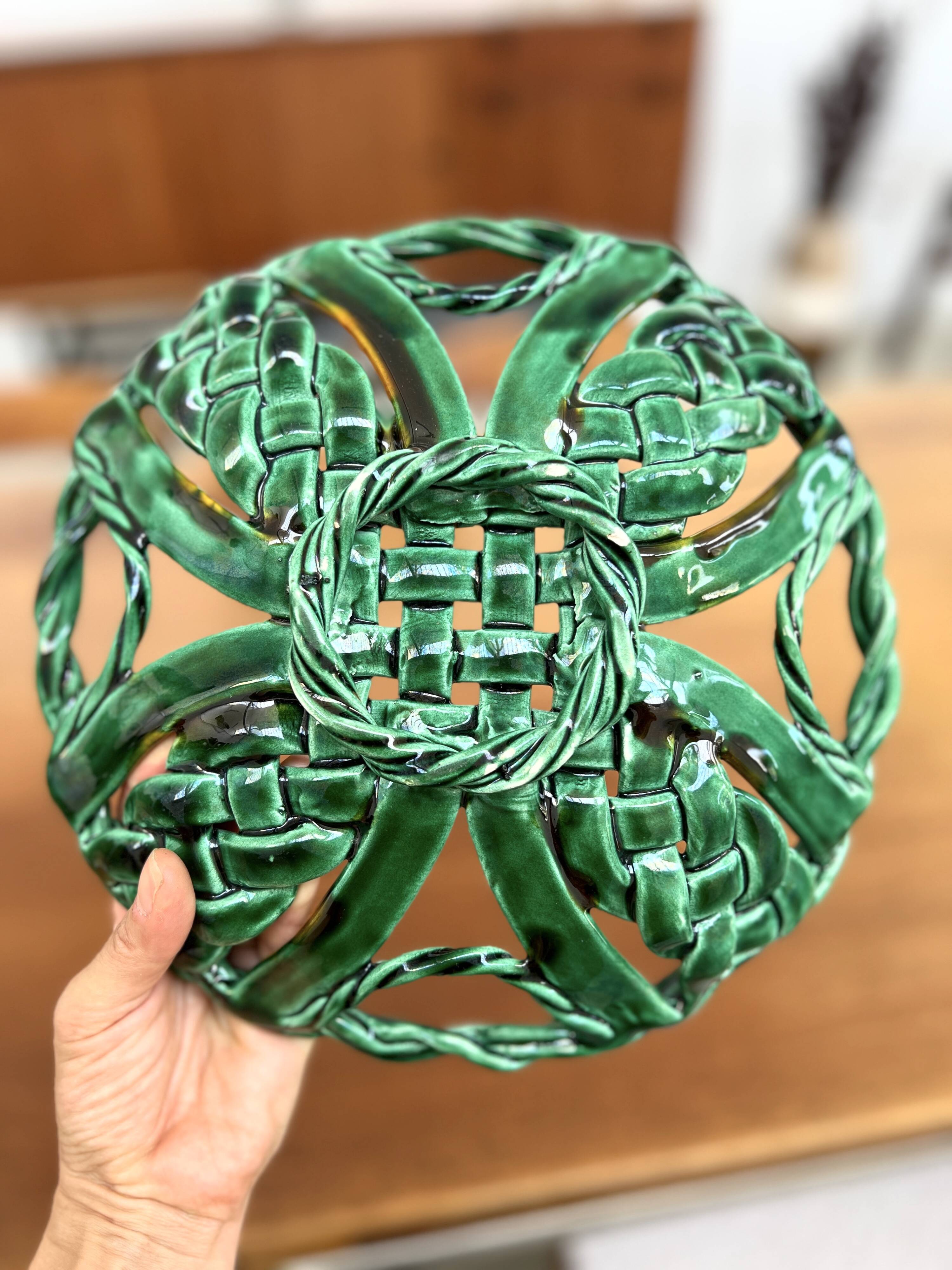 50s green braided barbotine fruit bowl