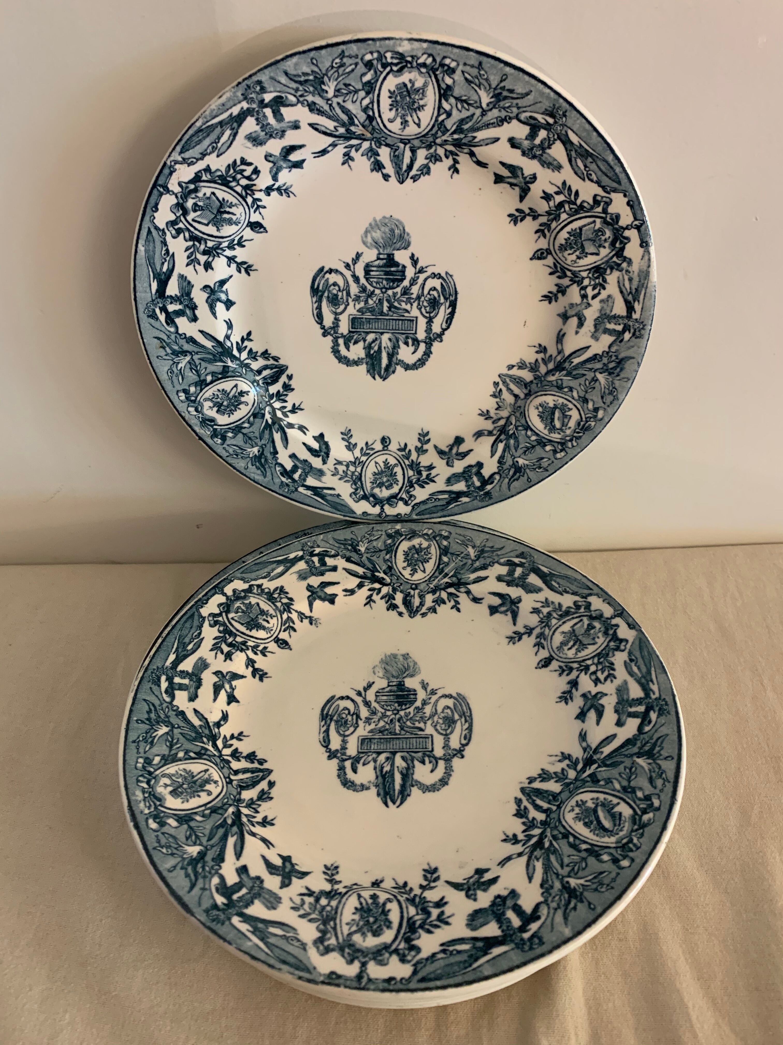 10 plates in old blue earthenware Terre de Fer Léon Graves model Louis XVI 20th century