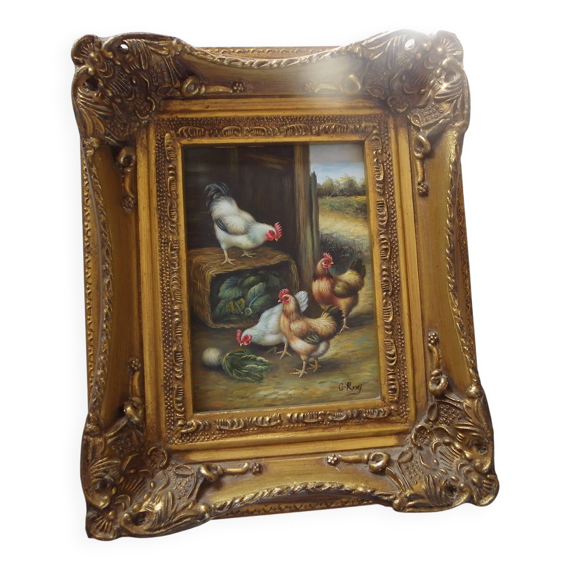 Oil painting on vintage panel framed in ornate gold frame, farmyard.