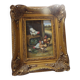 Oil painting on vintage panel framed in ornate gold frame, farmyard.