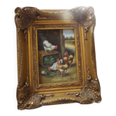 Oil painting on vintage panel framed in ornate gold frame, farmyard.