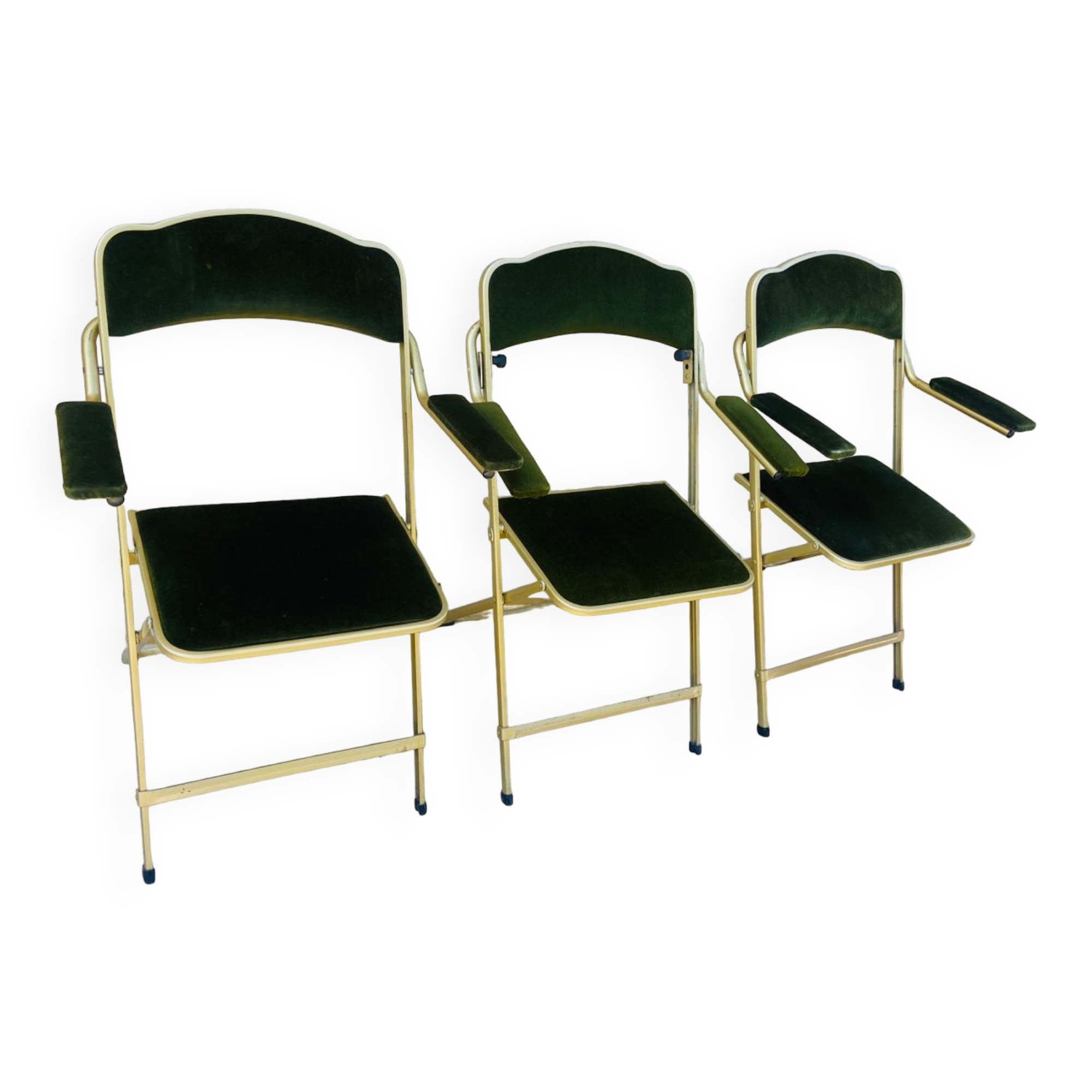 Lot de 3 chaises pliables Chaisor en velours vert et piétement or de 1996