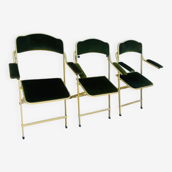 Lot de 3 chaises pliables Chaisor en velours vert et piétement or de 1996