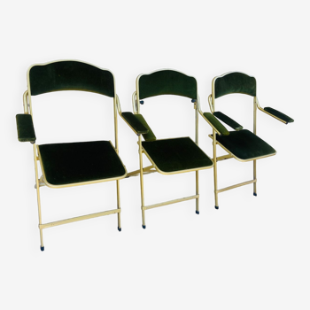 Set of 3 Chaisor folding chairs in green velvet and gold base from 1996