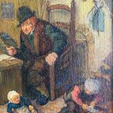 Painting "The schoolmaster" old copy of the Louvre of Mahudez cf. Van Ostade