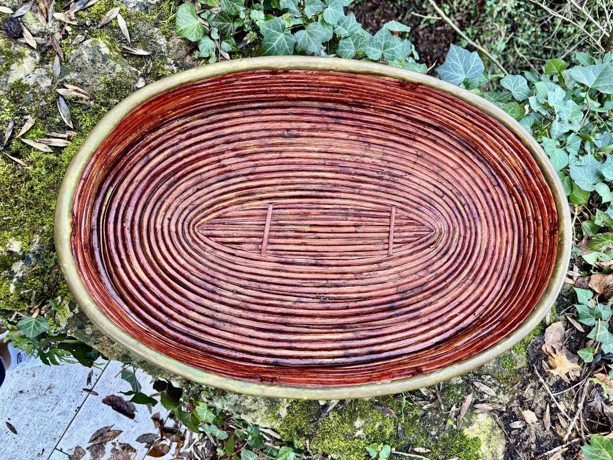Large rattan and brass plateau by Gabriella Crespi, Italy, 1960s.