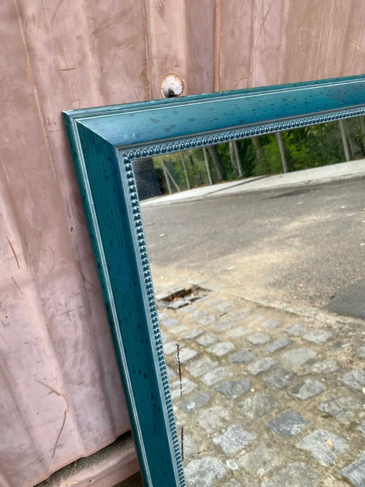 Large wall mirror 50x70 cm — Patinated & beaded blue petrol wooden frame