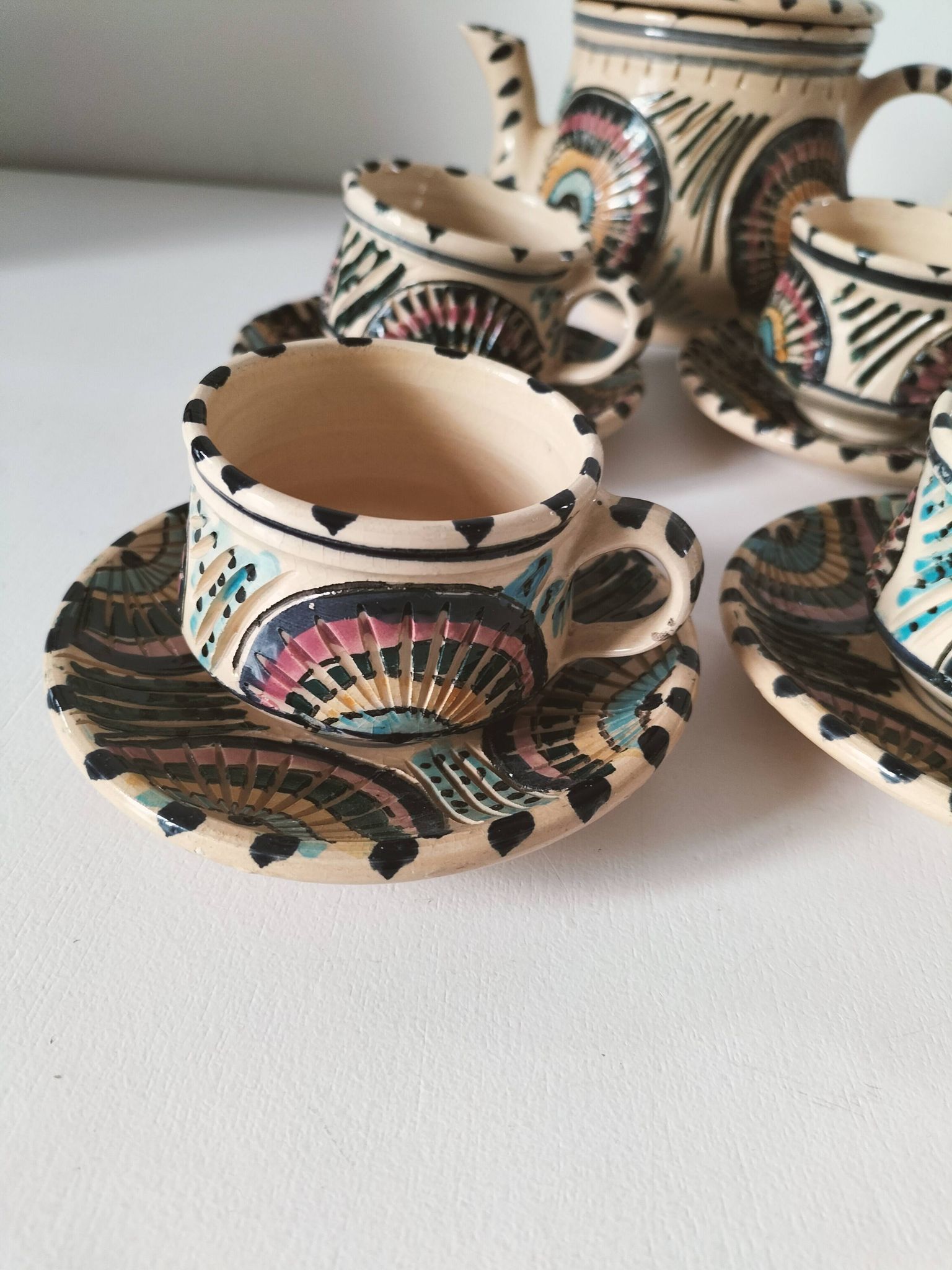 Service à thé marocain vintage, théière et 5 tasses et soucoupes