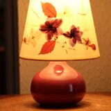 Pink ceramic lamp, herbarium-style lampshade, 70s