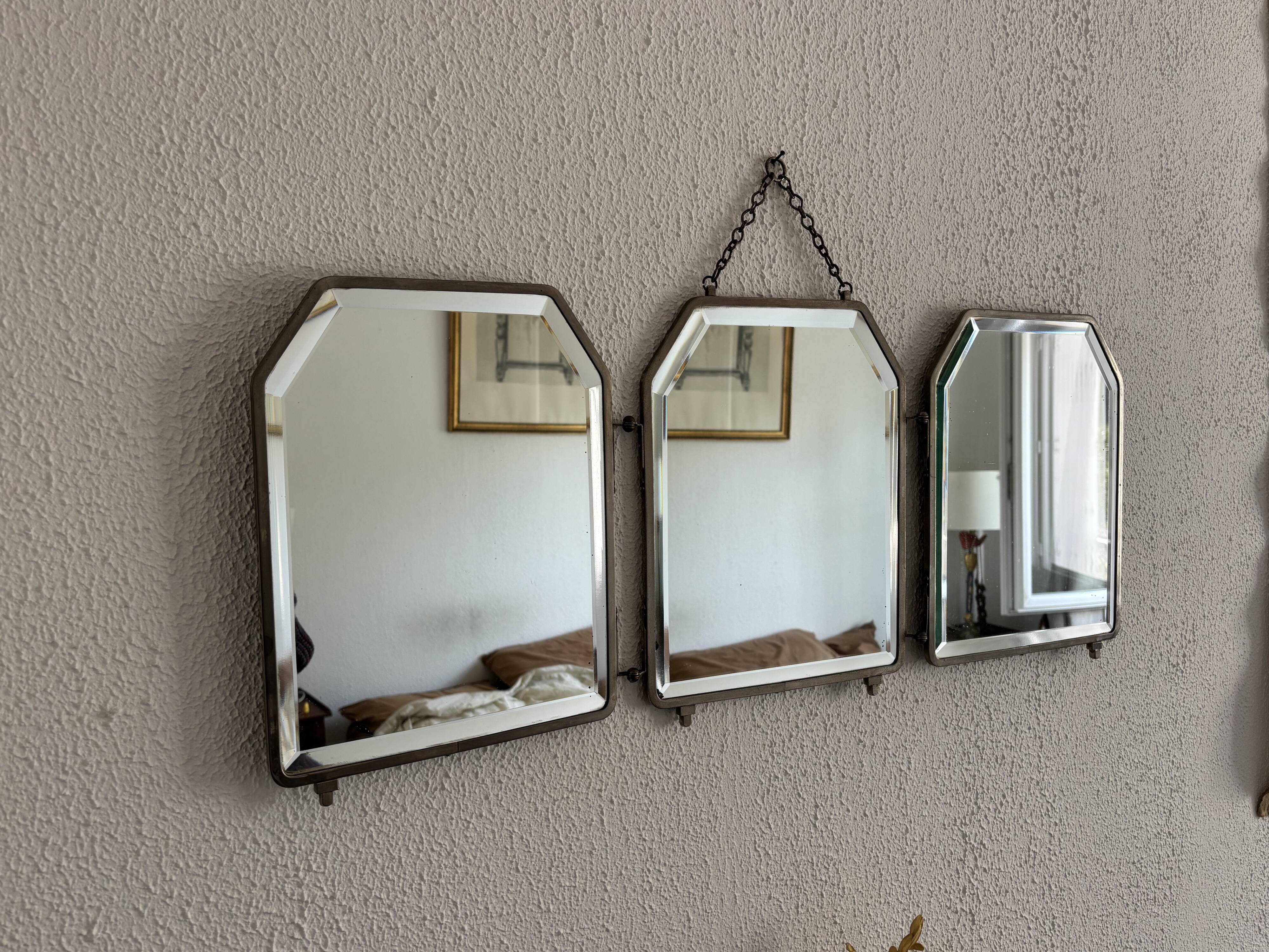 Miroir vintage 1920 triptyque barbier Art Déco cristal hexagone- 33 x 78 cm