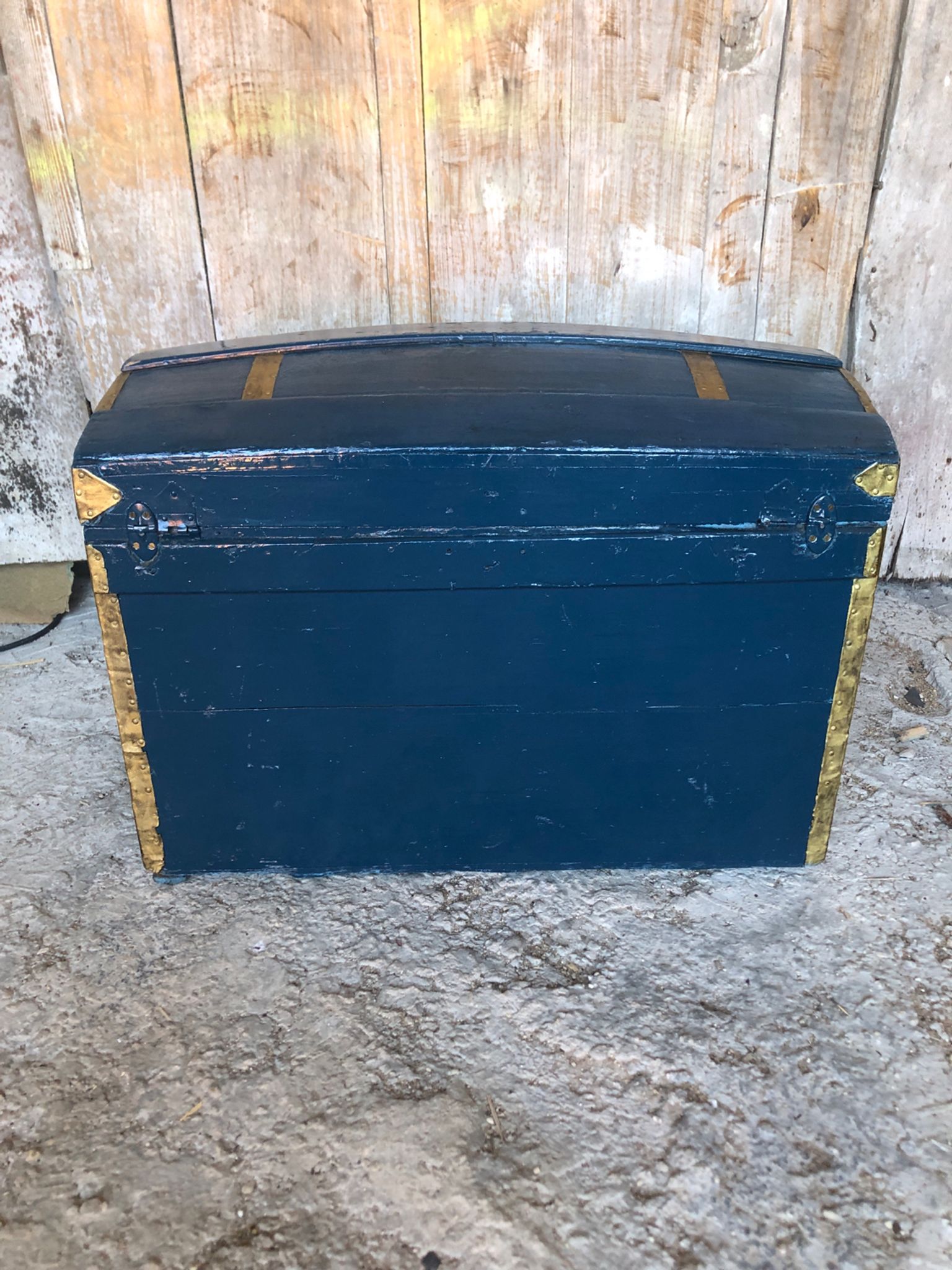 Old vintage blue & gold wood storage chest #a127