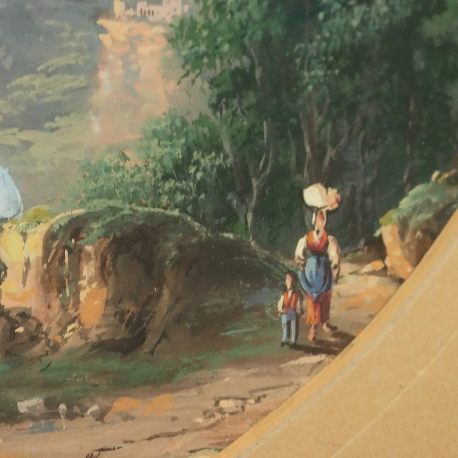 Modern painting landscape with figures, tempera on cardboard, '900