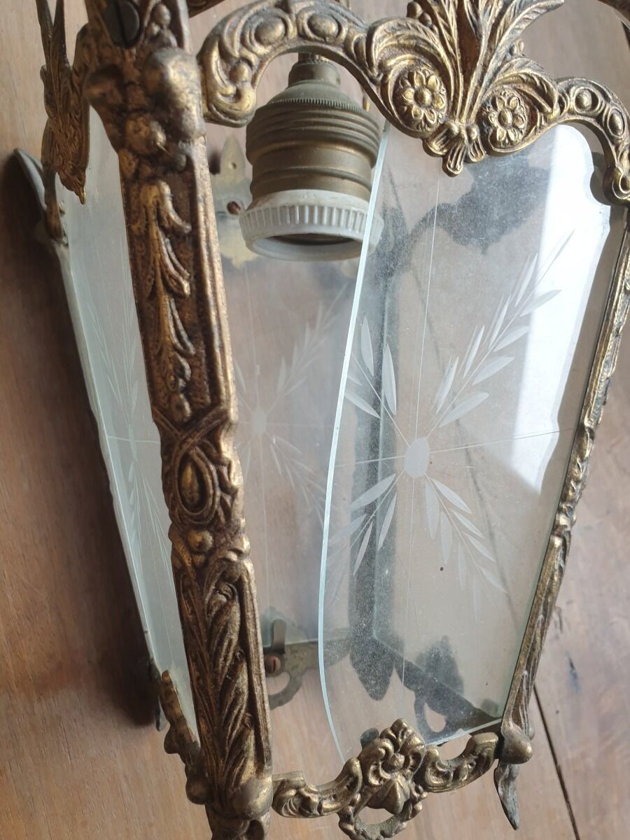 Small chandelier / lantern in bronze with etched glass - Louis XV style