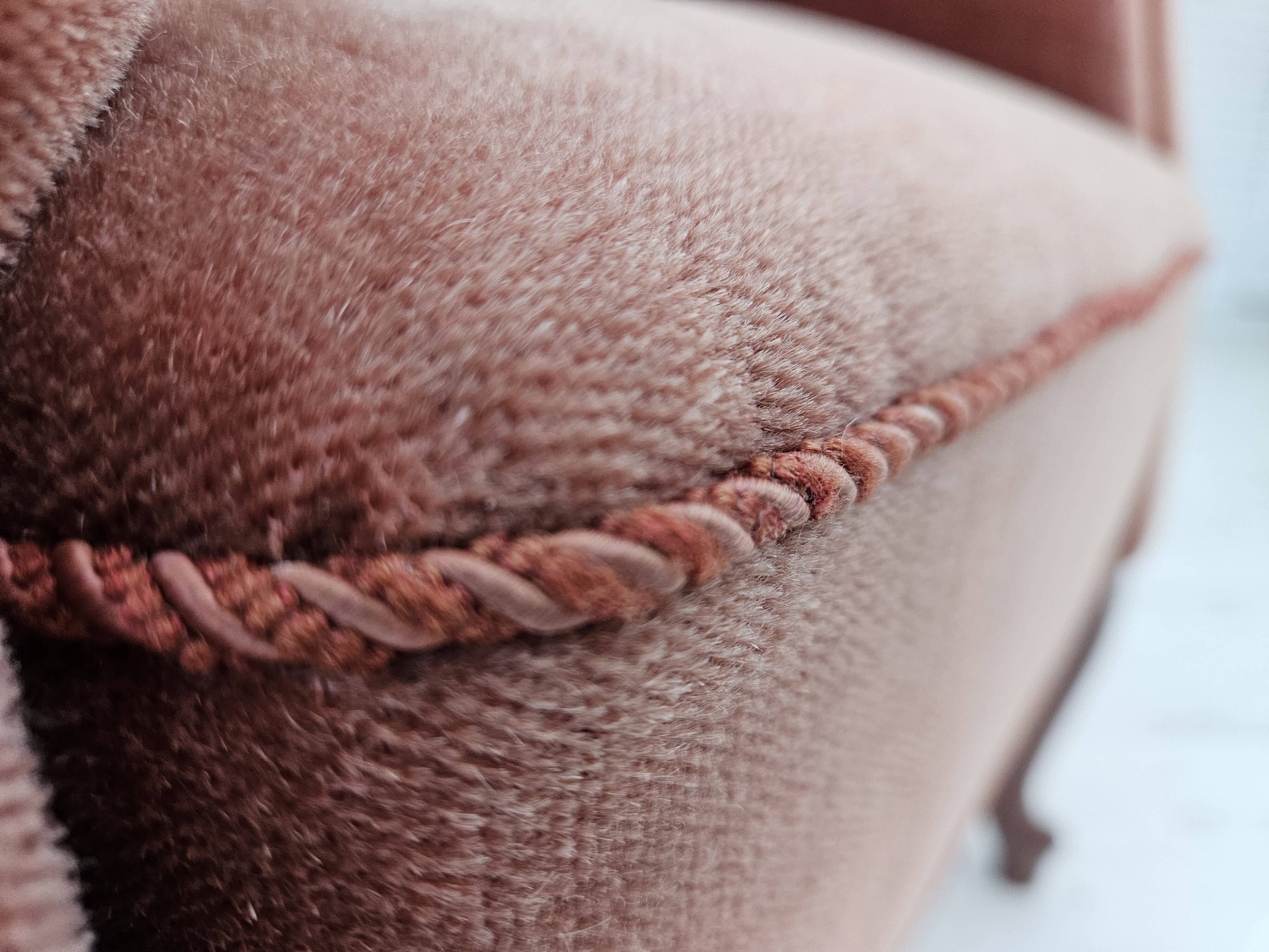 1960s, Danish lounge chair, salmon pink furniture velour, ash wood legs.