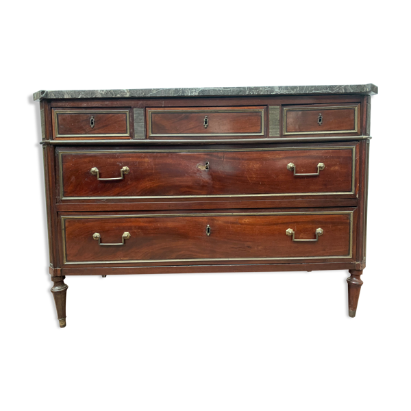 Commode de style Lois XVI en acajou dessus de marbre gris veiné XIX siècle