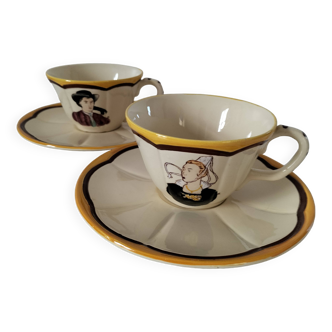 2 large Breton cups with saucers