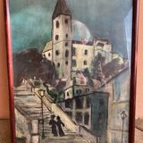 Painting steps of montmartre gouache on paper signed jartet? early 20th century