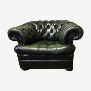 Fauteuil vintage monoplace Chesterfield vert antique