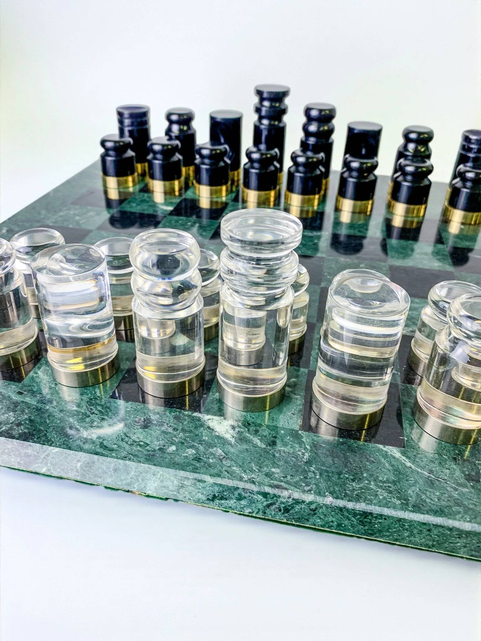 Acrylic & gilt brass chess set with marble board, Italy, 1970s