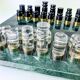 Acrylic & gilt brass chess set with marble board, Italy, 1970s