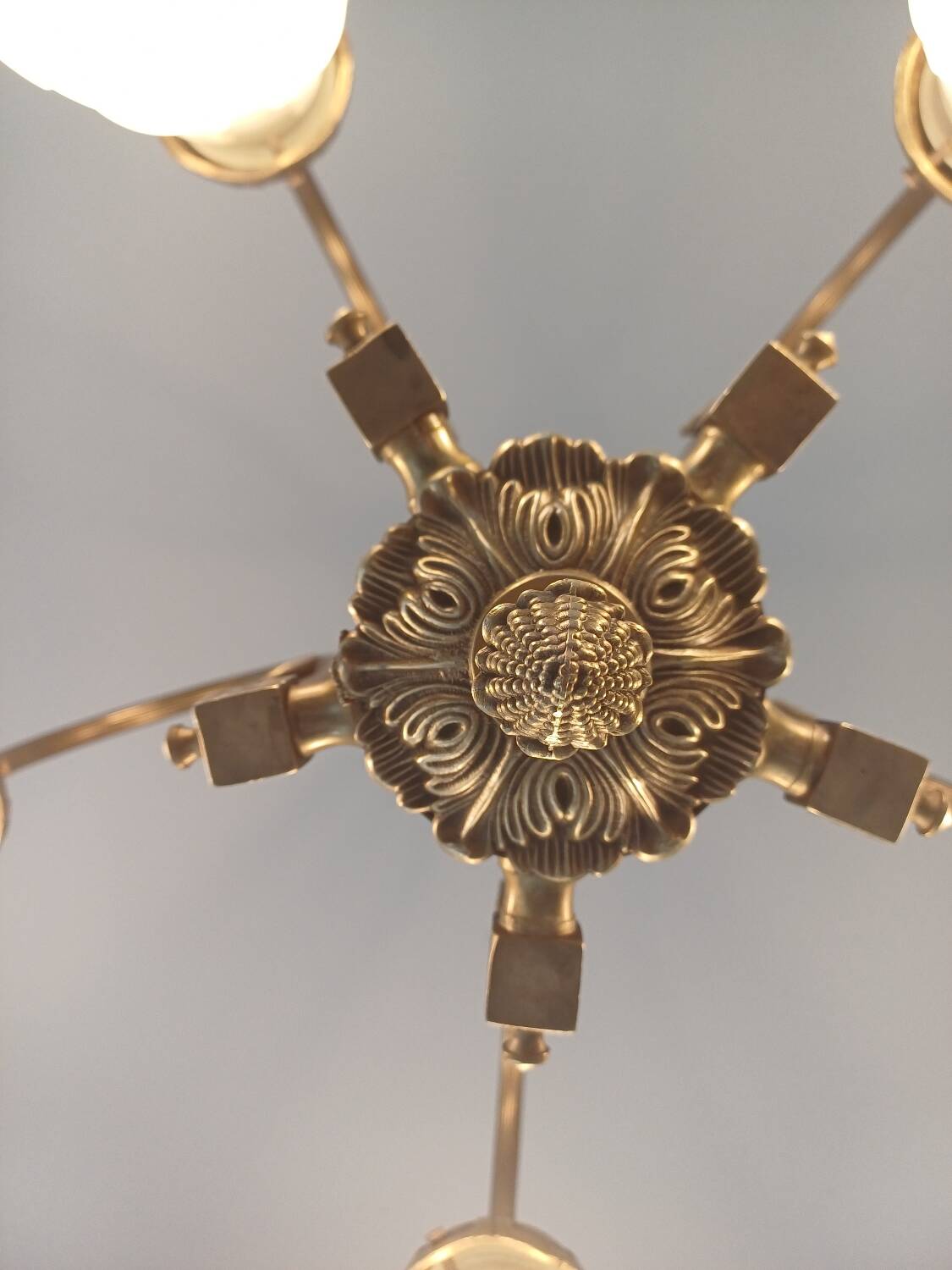 Art deco bronze chandelier with 5 tulips.