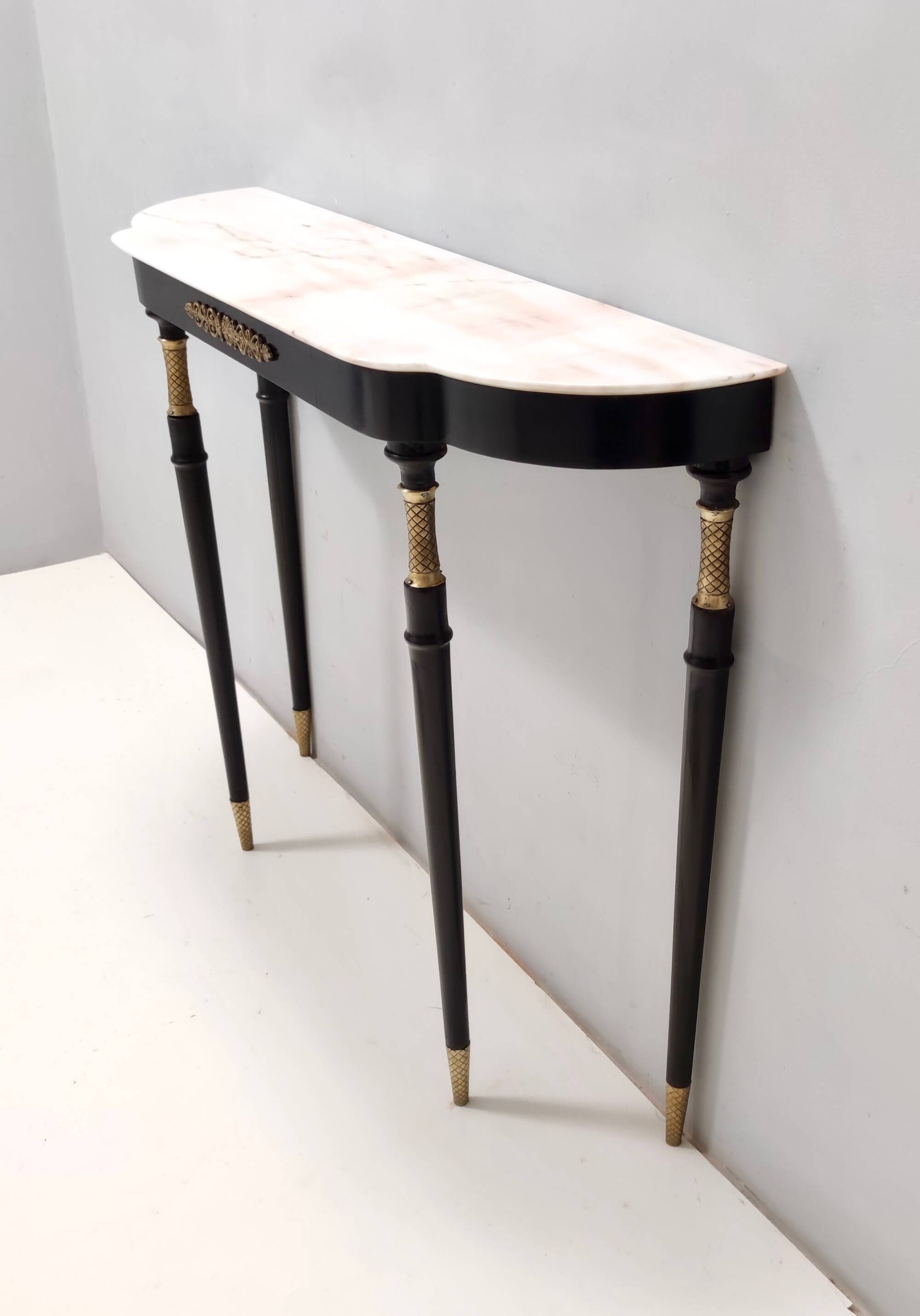 Vintage black lacquered beech console with a portuguese pink marble top, italy