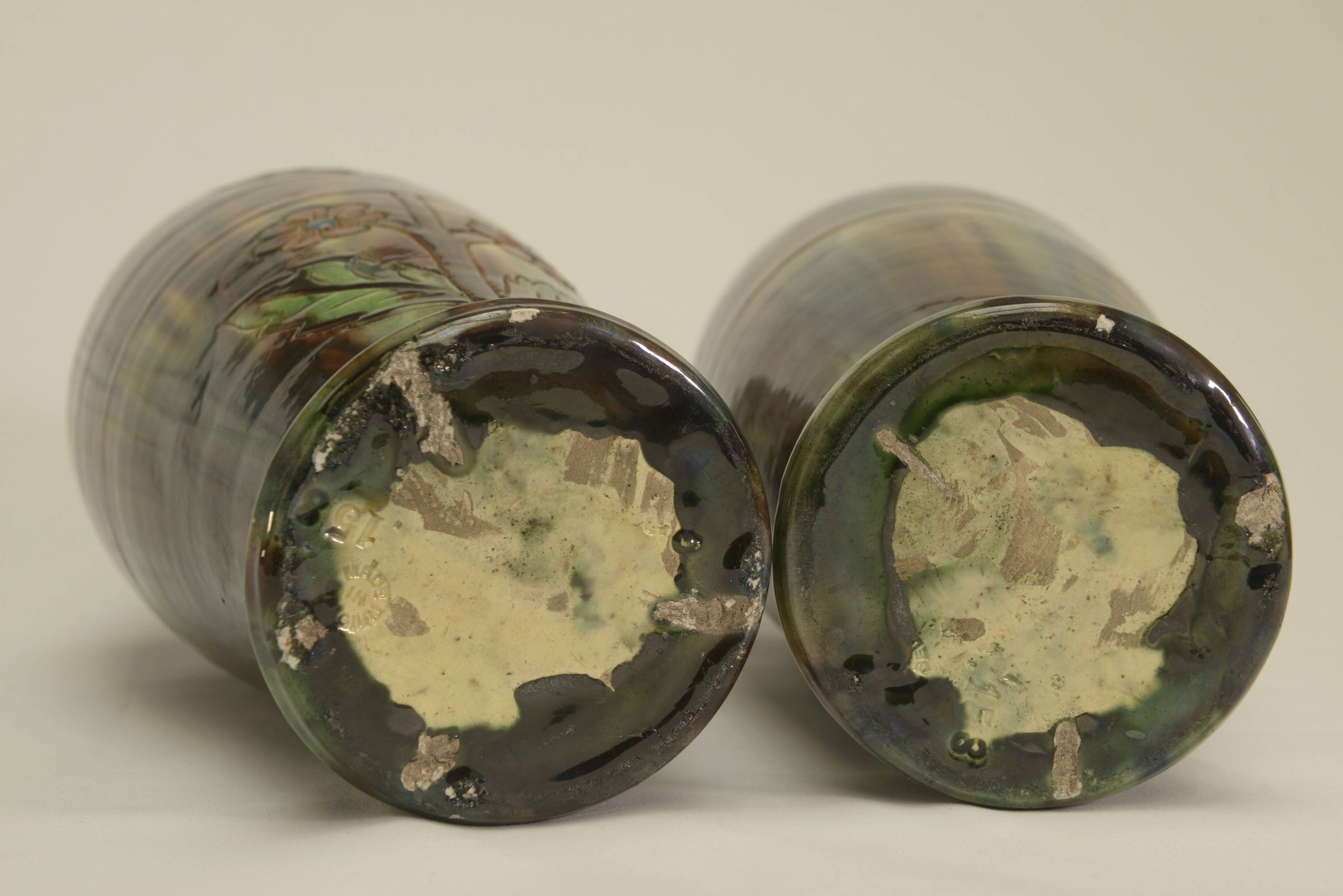 Pair of barbotine vases from the early 20th century stamped BELGIUM 158