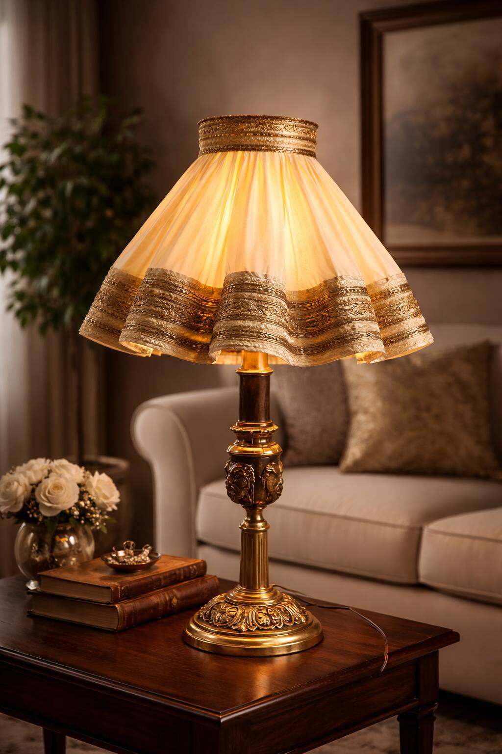 Empire style table lamp with lion heads – gilded bronze and pleated shade