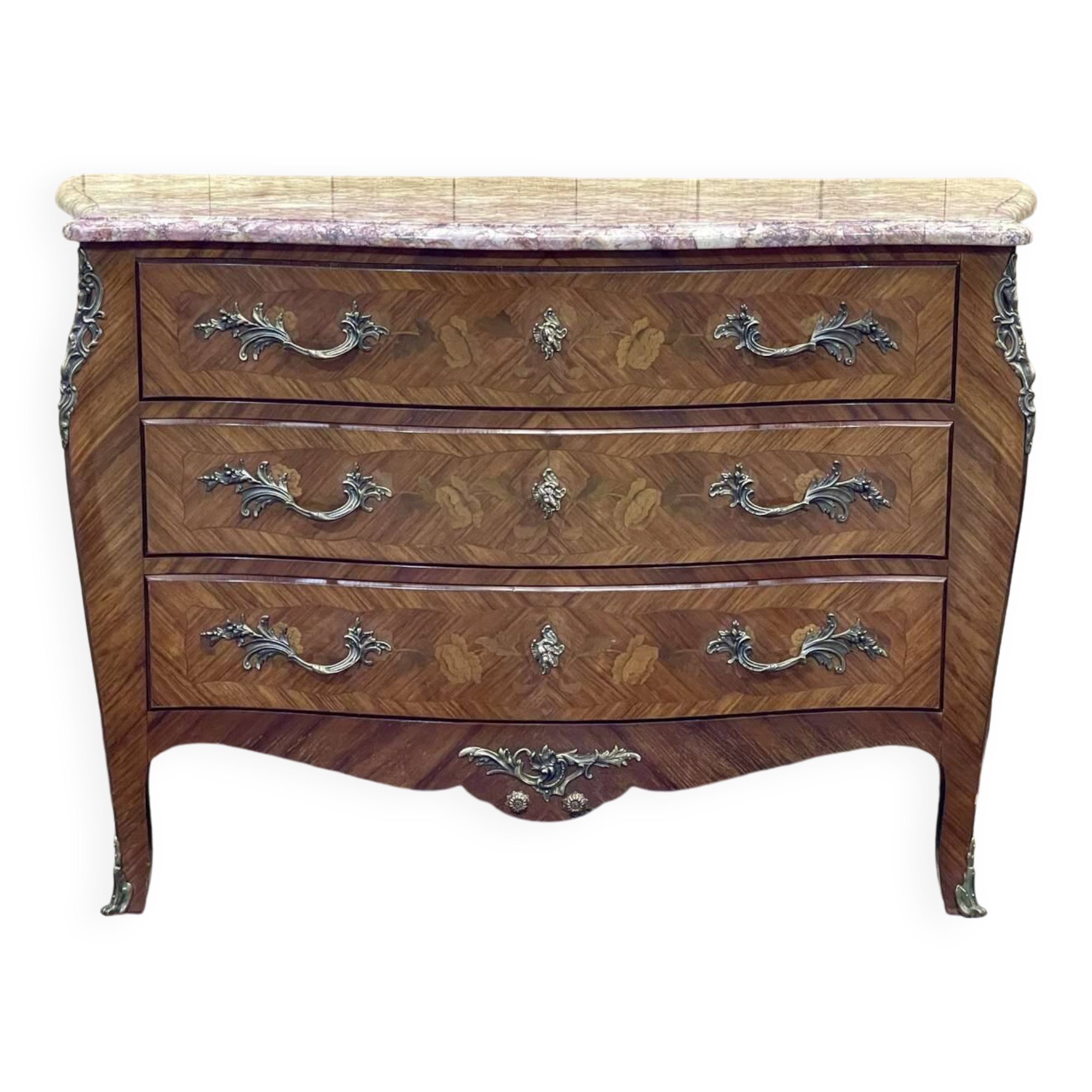 Louis XV style chest of drawers in rosewood, oak and marble top, made in the 70s