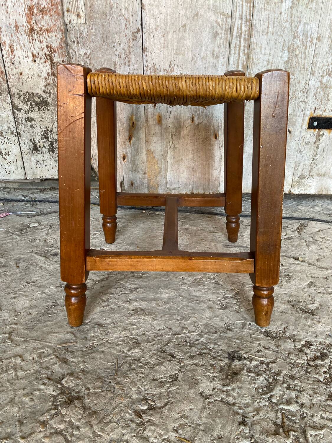Old Trapezoid Stool Wood + Woven Straw Seat #D823