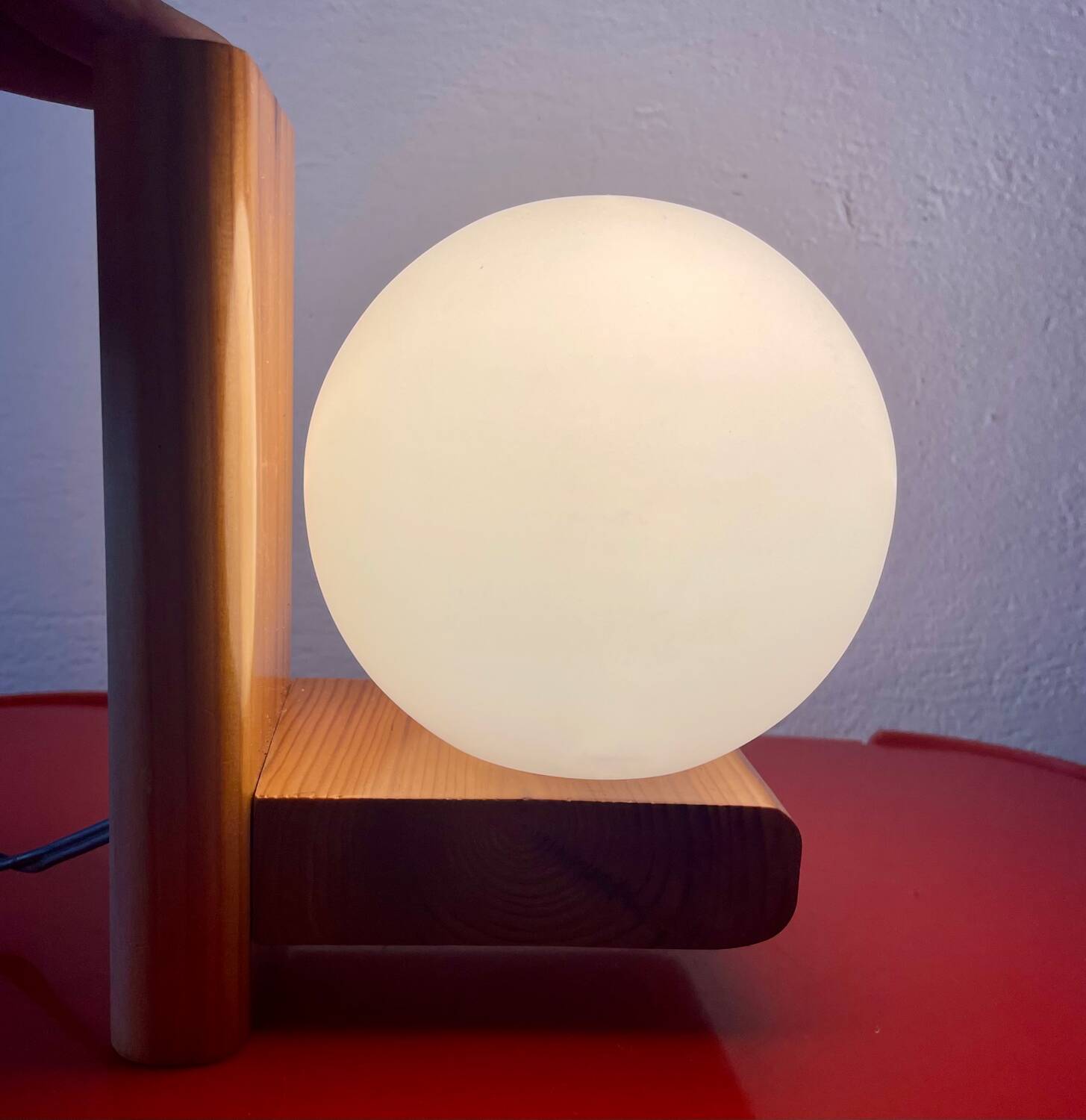 Vintage pine wall lamp with opaline globe