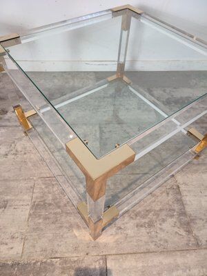 Set of 2 coffee tables in acrylic glass and brass, 1970s